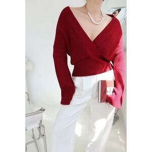 Commense Red Elegant Knit Wrap Top VNeck Long Sleeve Sweater Cropped Pullover XS
